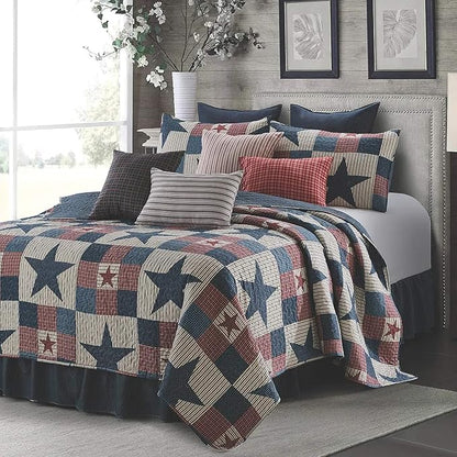 Virah Bella 3 Piece Queen Cabin Quilt Bedding Set - Mountain Cabin Gray - Rustic Country Reversible Patchwork Comforter Set with Decorative Pillow Shams, Blue/White
