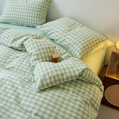 EAVD Vintage Style Green&White Plaid Gingham Duvet Cover Twin Soft 100% Washed Cotton Fresh Grid Checkered Gingham Bedding Set with 2 Pillowcases Farmhouse Green Plaid Duvet Cover with Zipper Closure