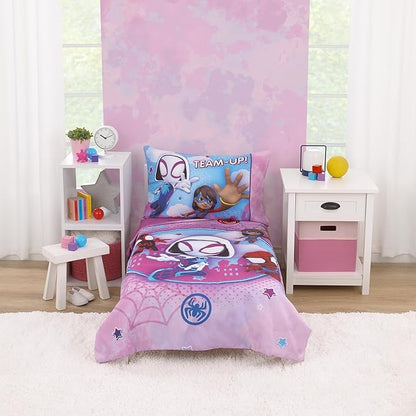 NoJo Marvel Ghost Spider, Go Ghosty Purple, Pink, and Blue 4 Piece Toddler Bed Set - Comforter, Fitted Bottom Sheet, Flat Top Sheet, and Reversible Pillowcase