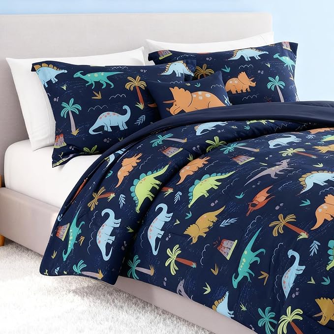 Twin Comforter Set for Boys-3 Pieces Navy Dinosaur Twin XL Bedding Set with 1 Comforter, 1 Decor Pillow, 1 Pillow Sham