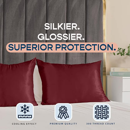 BLISSFORD Satin Pillowcase with Zipper, for Hair and Skin Care, Feels Soft and Cool Like a Silk Pillowcase, Satin Pillow Cases 2 Pack, Slik Pillow Cover, Burgundy, King, Set of 2
