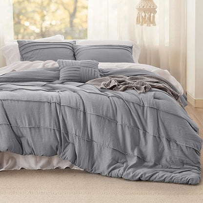 Bedsure King Comforter Set - 4 Pieces Pinch Pleat Bed Set, Grey Boho Bedding for All Season, 1 Soft Comforter, 2 Pillowcases, 1 Decorative Pillow