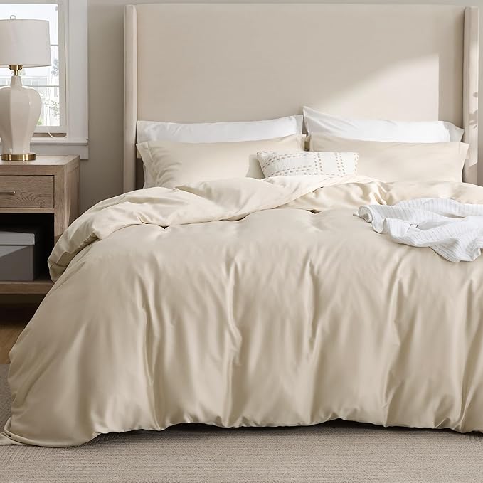 Bedsure Cooling Duvet Cover King Size - Moisture Wicking and Silky Eucalyptus Lyocell Cotton Hybrid Comforter Cover Set for Hot Sleeper - Buttery Soft and Breathable, GentleSoft™, Beige Bedding Set