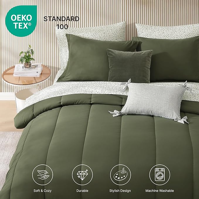 Monbix Queen Comforter Set - 7 Pieces Olive Green Bed in a Bag Queen Track Stitching Bedding Sets, All Seasons Comforter Bed Set with Sheets,Pillowcases & Shams