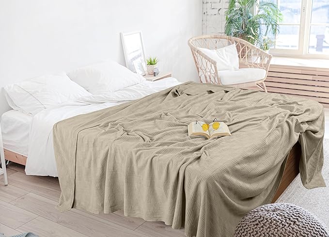 Utopia Bedding Khaki 100% Cotton Blanket [Full Size - 90x84 Inch] Lightweight, Soft and Breathable Thermal Blanket for All Seasons