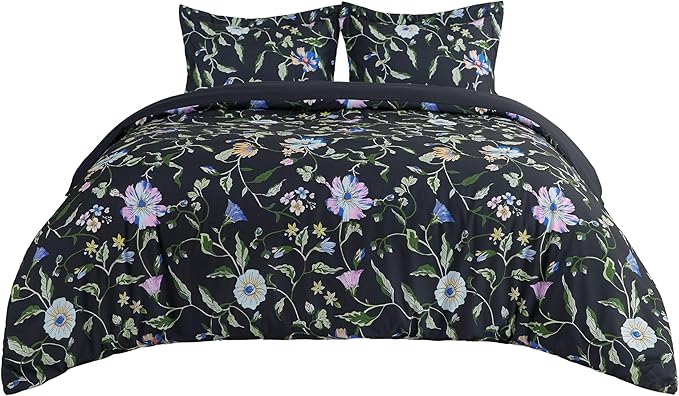 Bedsure Duvet Cover Queen Size - Reversible Black Vine Flowers Duvet Cover Set with Zipper Closure, 3 Pieces Black Bedding Set with 8 Corner Ties and 2 Pillow Shams 20"x26"