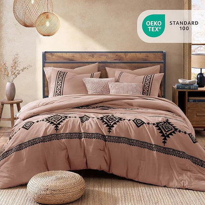 MaiRêve Embroidery Comforter Set, Boho Farmhouse Western Bedding Set, All Season Bed in A Bag Comforter Set with Sheets, Pillowcases & Shams, Dusty Pink Queen 7 Pieces