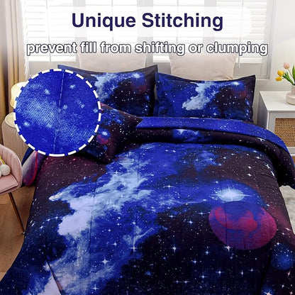 A Nice Night Galaxy 6Pcs Bedding Sets Outer Space Comforter Bed in a Bag 3D Printed Quilt,for Children Boy Girl Teen Kids,Queen 6Pcs