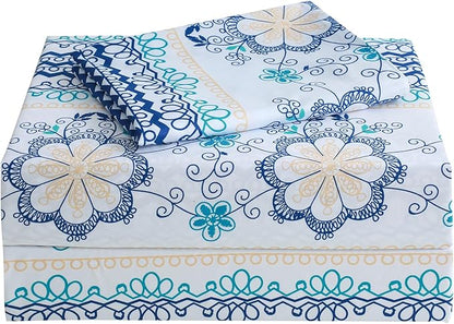 JSD Blue Boho Printed Sheet Set Twin Size, 3 Piece Soft Floral Microfiber Sheets Extra Deep Pocket Wrinkle Free