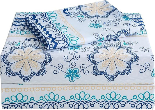 JSD Blue Boho Printed Sheet Set Twin Size, 3 Piece Soft Floral Microfiber Sheets Extra Deep Pocket Wrinkle Free