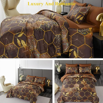 ANGIYUIN 7 Pcs Brown Comforter Sets Queen 3D Honeycomb Bed in A Bag Marble Watercolor Comforter Bedding Sets Foil Print Bed Sets with Matched Sheets Pillowcases(Brown, Queen)