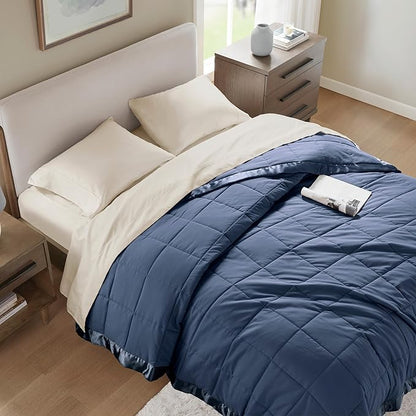 Madison Park Windom Down Alternative Blanket, Premium 3M Scotchgard Moisture Wicking Treatment, Lightweight and Soft Bed Cover For All Season, Satin Trim, Navy Full/Queen