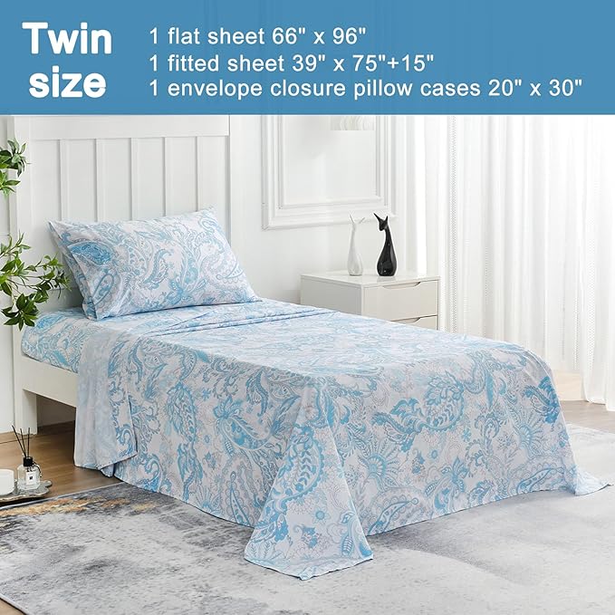 JSD Blue Paisley Sheet Set Twin Size, 3 Piece Soft Floral Printed Microfiber Sheets Extra Deep Pocket