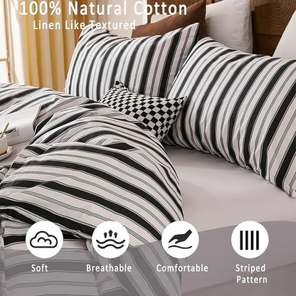 Merryword 100% Cotton Duvet Cover Set Queen Size - Black and White Striped Duvet Cover Set, Modern Minimalist Pinstripe Comforter Cover with Pillowcases, Soft Breathable Bedding Set for All Seasons
