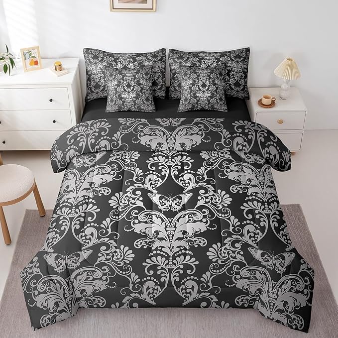Erosebridal Gothic Damask Bed in a Bag King Size Comforter Set 7 Pieces,Butterfly Skull Bedding Sets Black White Victorian Floral Goth Sheet Set with Comforter