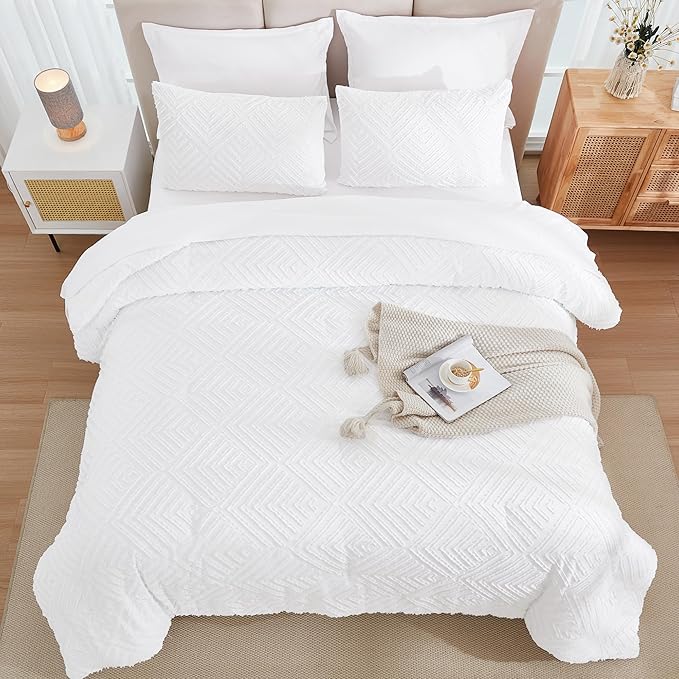 Andency White Comforter King Size Set with Sheets - 7 Pieces Boho Bed in a Bag Tufted Bedding Sets Lightweight All Season Bed Set with Comforter, Sheets, Pillowcases & Shams