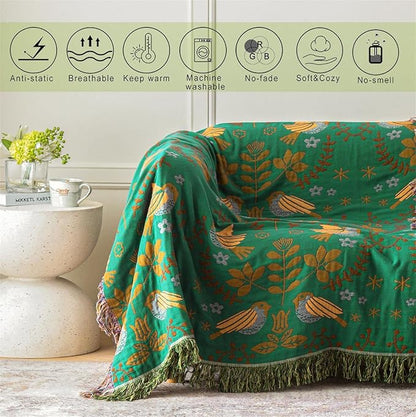 MSGKV Boho Throw Blanket 100% Cotton Green Blanket 90''x 98'' Spring Reversible Blankets with Tassels Warm Soft Blanket for Bed Sofa Living Room