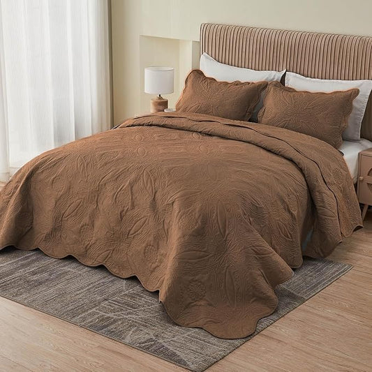 Kingnex Oversized King Bedspreads 128x120 for Extra Wide Tall King or Cal King Bed Ultrasonic Quilted Coverlet Set 3 Piece Include 1 Quilt 2 Pillowcases Coffee