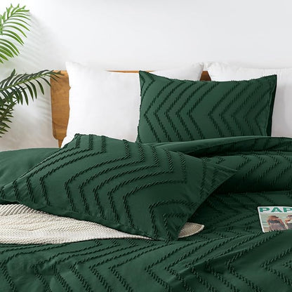 Andency Emerald Green Comforter King Size, Boho Dark Green Soft Warm Bedding Comforter Sets for King Bed, 3 Pieces Forest Green Vintage Chevron Tufted Aesthetic Comforter Set