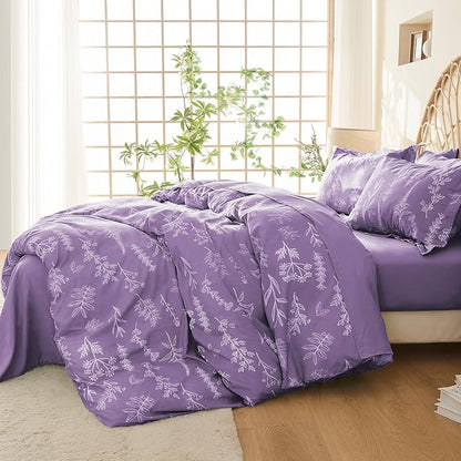 MUXHOMO Duvet Cover King Size, Reversible Floral Grayish Purple Duvet Cover Set with Zipper Closure, 3 Pieces Botanical Patterns Soft Microfiber Bedding Set with 4 Ties (90"x104", 2 Pillow Cases)