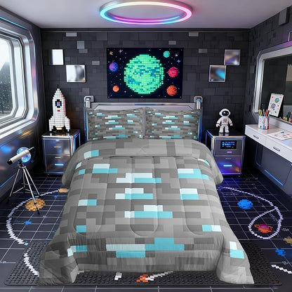 Pixelated Blocks Miners Kids Bedding Set Queen Size,Video Games Game Gamepad Comforter Set,Geometric Grid Patchwork Quilt Comforter,Gray Blue Bedroom Duvet Insert,2 Pillowcases