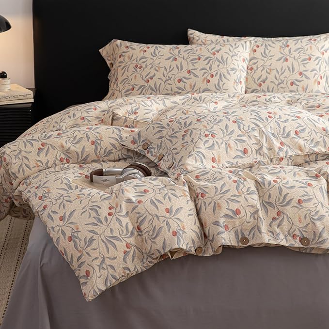 mixinni Cotton Linen Floral Duvet Cover Set, Vintage Botanical Print Comforter Cover with Wooden Buttons,Soft Breathable Blue Red Floral Boho Farmhouse Bedding Set for All Season-Queen Size