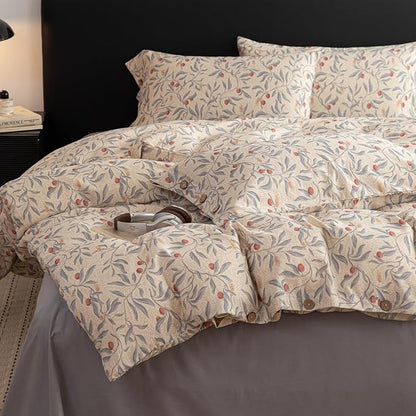 mixinni Cotton Linen Floral Duvet Cover Set, Vintage Botanical Print Comforter Cover with Wooden Buttons,Soft Breathable Blue Red Floral Boho Farmhouse Bedding Set for All Season-Queen Size