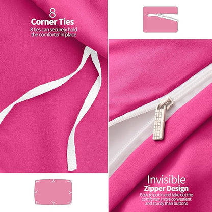 VACVELT 5 Piece Pinch Pleated Duvet Cover King Size Set, No Comforter, Hot Pink Pintuck Duvet Cover with Zipper & 8 Ties, Shabby Chic & Microfiber, 2 Pillow Shams, 2 Pillowcases
