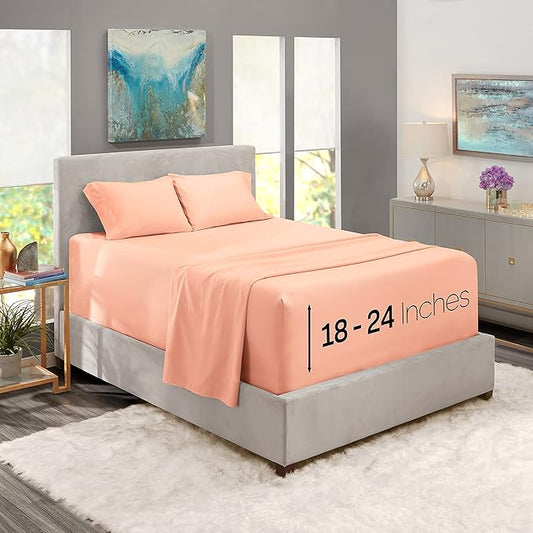 Nestl Twin Size Sheet Set, 4 Piece Extra Deep Pocket (18-24 inches), Microfiber, Hotel Luxury, Soft, Breathable, Wrinkle-Free, Easy to Care, Peach