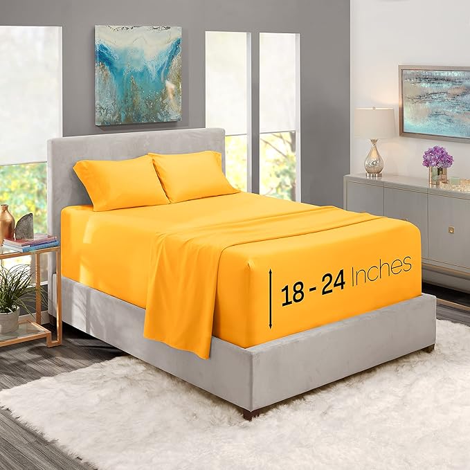 Nestl Full Size Sheet Set, 4 Piece Extra Deep Pocket (18-24 inches), Microfiber, Hotel Luxury, Soft, Breathable, Wrinkle-Free, Easy to Care, Yellow