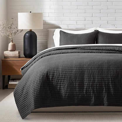 EVERGRACEHOME Cotton Sateen Quilt Set King Size, Pre-Washed Cotton Channel Stitch Coverlet Bedspread, 3 Pieces Lightweight Soft Bedding Sets for All Season, with 2 Pillow Shams, Washed Black