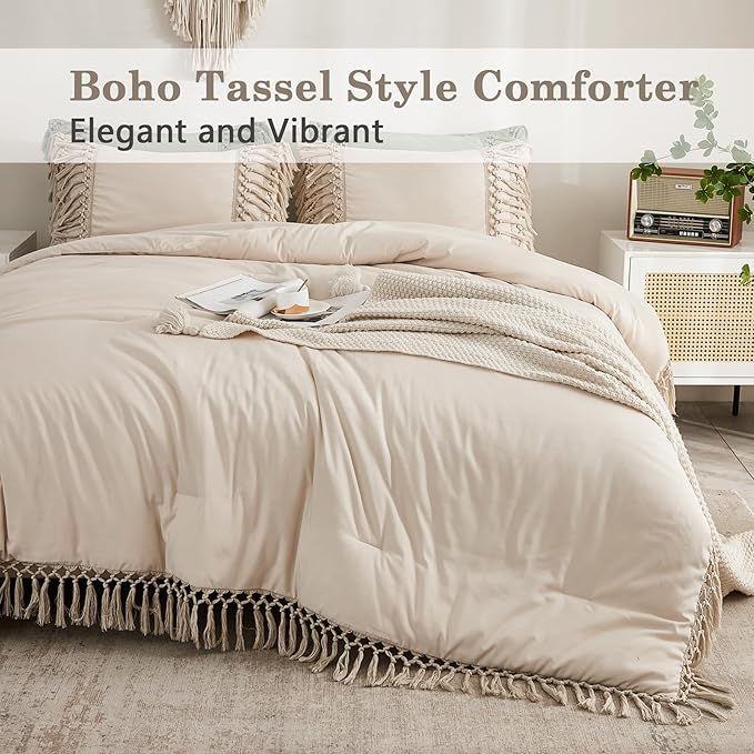 Andency Beige Comforter Set California King, 3 Pieces Boho Tassel Lightweight Soft Bedding Comforter Sets for King Bed, All Season Fluffy Fringe Bed Set (104x96In Comforter & 2 Pillowcases)