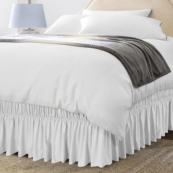 Wrap Around Ruffle Queen Size Bed Skirt – Adjustable Buckle & Elastic Belt for Easy Installation, 16 Inch Drop – Brushed Microfiber - Machine Washable, Fade and Wrinkle Resistant, White