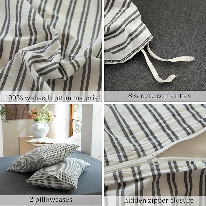 Striped Duvet Cover Set,100% Washed Cotton Line Like Breathable Trendy Bedding Set(Strip-White/Black,King)