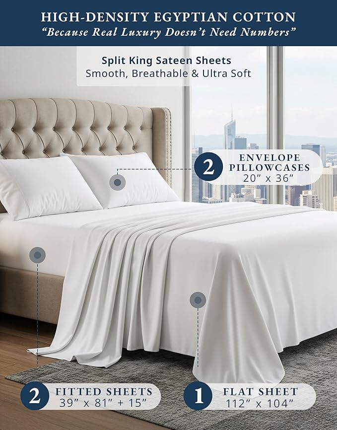 LANE LINEN 100% Egyptian Cotton Split King Bed Sheets for Adjustable Beds Soft & Comfy Luxury Hotel Style Thick Split King Sheet Set, Fully Elasticized Reinforsed Seams White Sheets