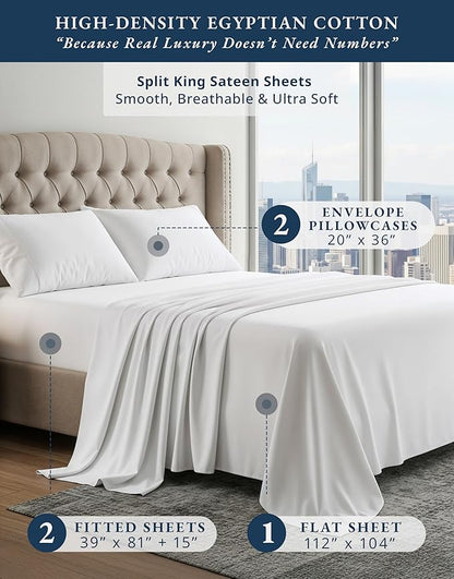 LANE LINEN 100% Egyptian Cotton Split King Bed Sheets for Adjustable Beds Soft & Comfy Luxury Hotel Style Thick Split King Sheet Set, Fully Elasticized Reinforsed Seams White Sheets