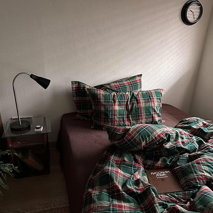 MKXI Vintage Buffalo Plaid Duvet Cover Set 3-Piece | 100% Washed Cotton Reversible Bedding Green/Red Checkered Twin Size with Zipper & Corner Ties Farmhouse & Shabby Chic Design
