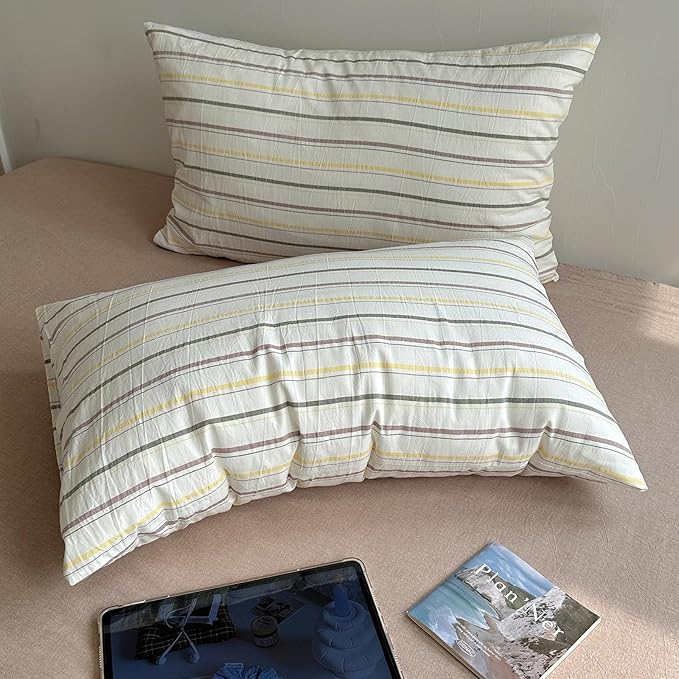 EAVD Vintage Colorful Striped Comforter Set Queen Soft Cotton 3-Piece Retro Vertical Striped Bedding Set with 2 Pillowcases Boho Geometric Comforter Set for All-Season(Green&Yellow&Brown, Queen)