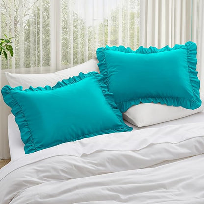 KKJIAF Ruffle Pillow Cases King Size Set of 2, Ruffled Pillow Covers with Envelope Closure, Wrinkle Resistant Ruffled Pillow Shams 20" x 36", Teal