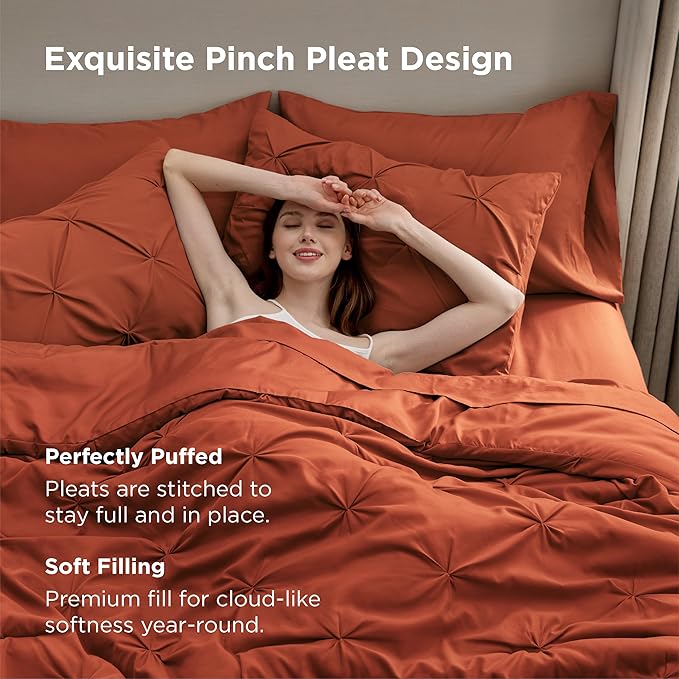 Bedsure Twin XL Comforter Set - Extra Long 5 Pieces Dorm Bedding Sets, GentleSoft™ Pinch Pleat Burnt Orange Bed in a Bag with Pintuck Comforter, Sheets, Pillowcase & Sham