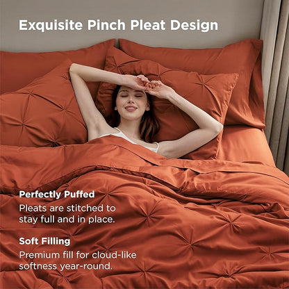 Bedsure Twin XL Comforter Set - Extra Long 5 Pieces Dorm Bedding Sets, GentleSoft™ Pinch Pleat Burnt Orange Bed in a Bag with Pintuck Comforter, Sheets, Pillowcase & Sham