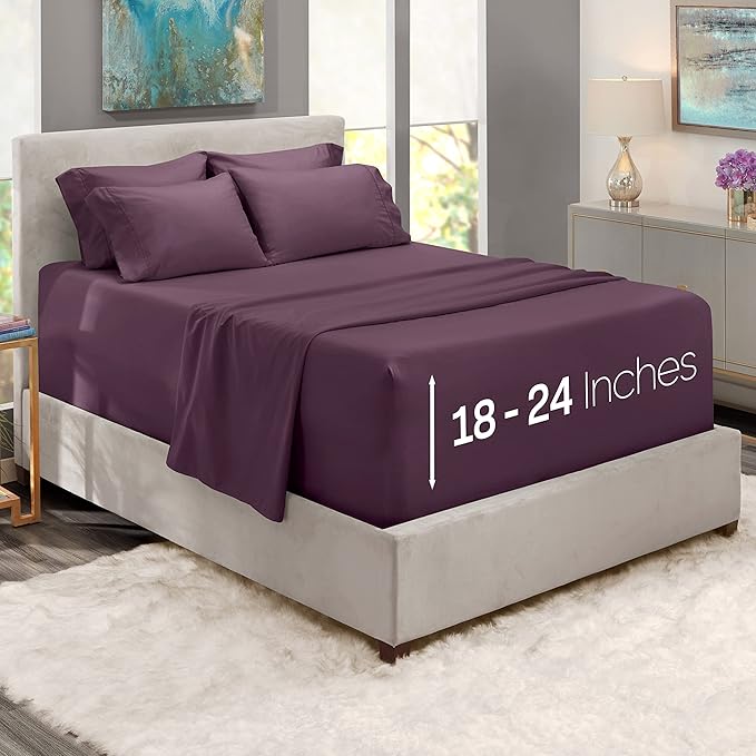 Hearth & Harbor Extra Deep Pocket Sheets - Fits Mattress 18-24 Inches Deep - Extra Deep Pocket Split King Size Sets - 7 Piece Split King Size - Eggplant