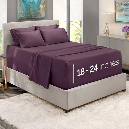 Hearth & Harbor Extra Deep Pocket Sheets - Fits Mattress 18-24 Inches Deep - Extra Deep Pocket Split King Size Sets - 7 Piece Split King Size - Eggplant