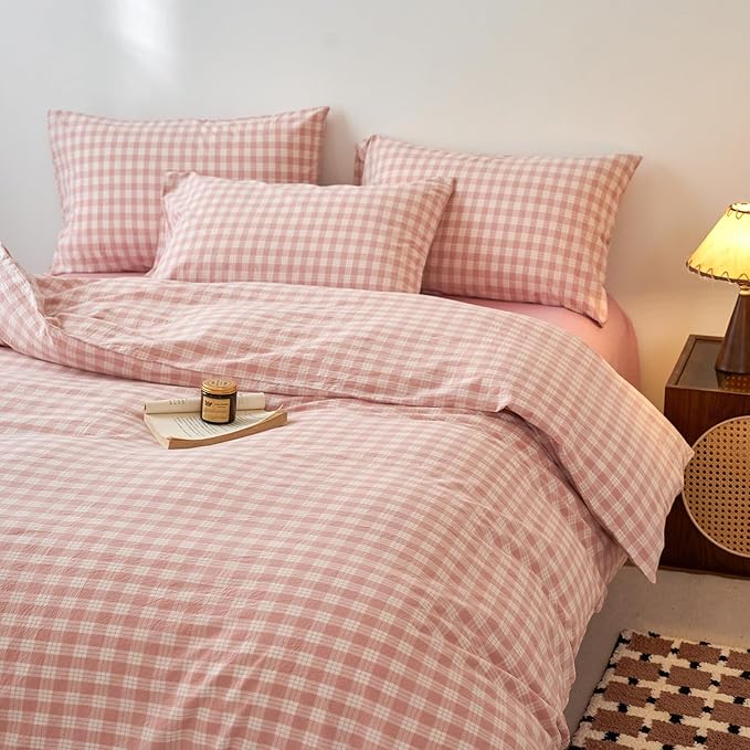 EAVD Vintage Style Gingham Plaid Duvet Cover Queen Pink White Soft 100% Washed Cotton Chic Warm Checkered Bedding Set with 2 Pillowcases Farmhouse Grid Gingham Duvet Cover with Zipper Closure