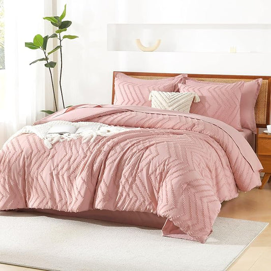 Litanika Blush Pink Full Size Comforter Set with Sheets - 7 Pieces Bed in a Bag Full Boho Tufted Complete Bedding Sets with Comforter, Sheets, Pillowcases & Shams