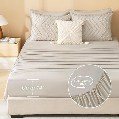 Litanika Oversized King Size Comforter Set with Sheets Oatmeal - 7 Pieces Bed in a Bag Oversized King Boho Tufted Complete Bedding Sets with Comforter, Sheets, Pillowcases & Shams