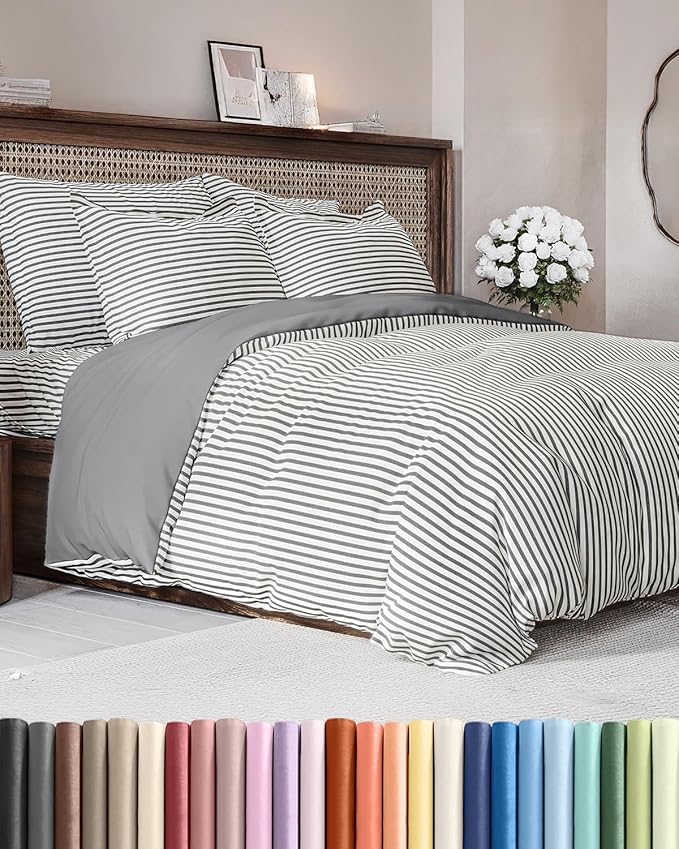 Duvet Cover Queen Size Set - Extra Soft Queen Duvet Cover 90" x 90" with 2 Pillow Shams - Hotel Luxury, Easy Care & Fade Free with Zipper Closures & Ties - Comfy, Cozy and Breathable (Grey Stripes)