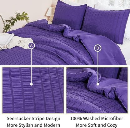 AveLom Dark Purple Seersucker Twin Comforter Set (68x90 inches), 2 Pieces-Soft Washed Microfiber Lightweight Comforter with 1 Pillowcase, All Season Down Alternative Comforter Set for Bedding