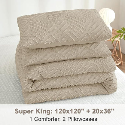 Litanika Super King Comforter Light Coffee, 3 Pieces Tufted Boho Farmhouse Bedding Comforter Set, Lightweight Fluffy All Season Comforter Set (120x120In Comforter & 2 Pillowcases)