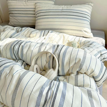 EAVD Retro Blue&Grey Striped Comforter Set Queen Soft Cotton 3-Piece Vintage Bedding Set with 2 Pillowcases Boho Vertical Stripes Geometric Comforter Set for All-Season Breathable Lightweight
